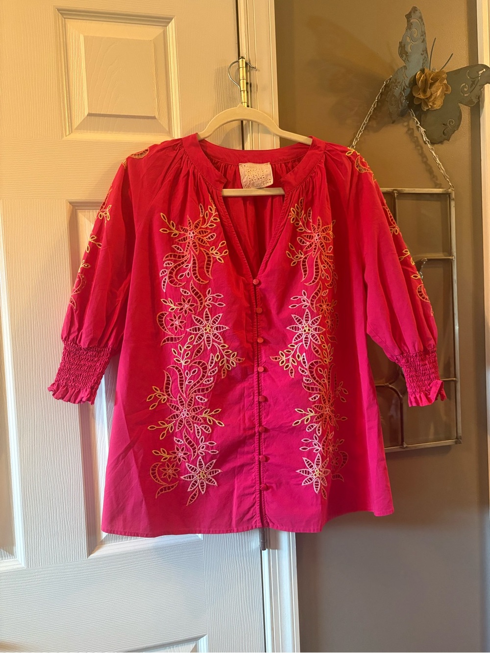 Johnny Was Pink Embroidered Floral Blouse Top Size S Boho